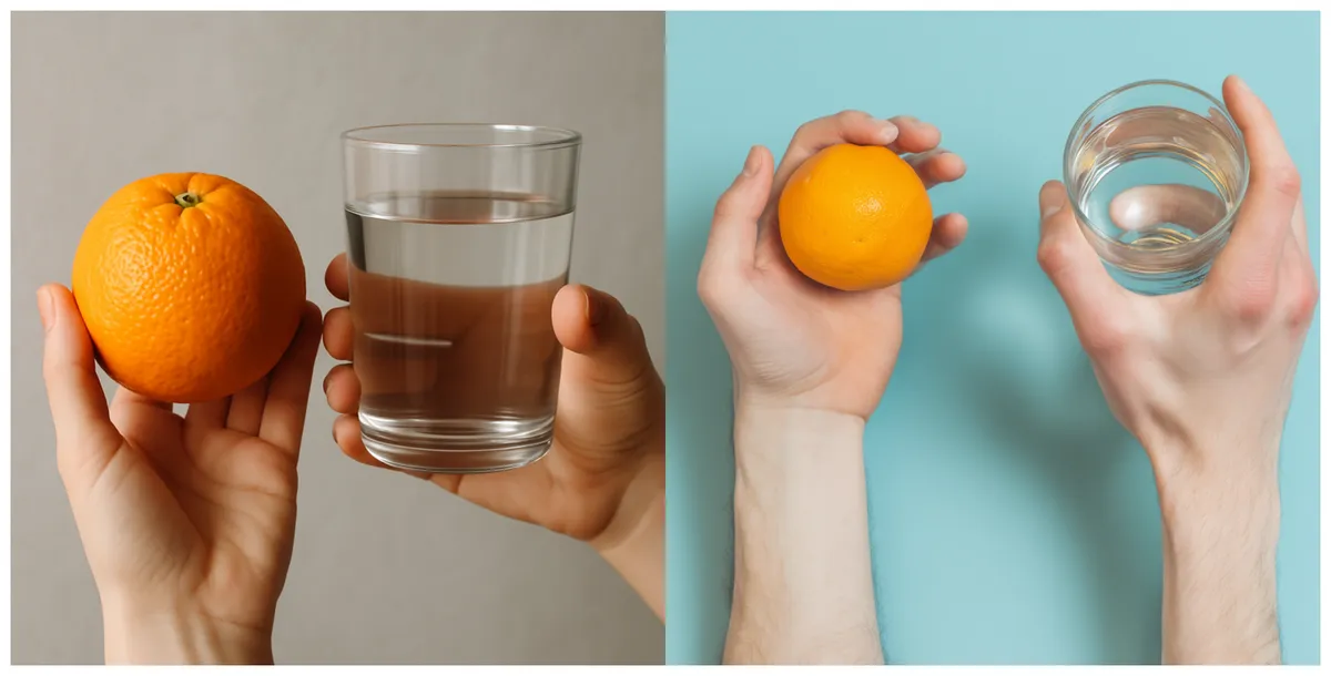 Two images, one made by ChatGpt and the other by Midjourney. Both of the two hands holding an orange and a glass of water.