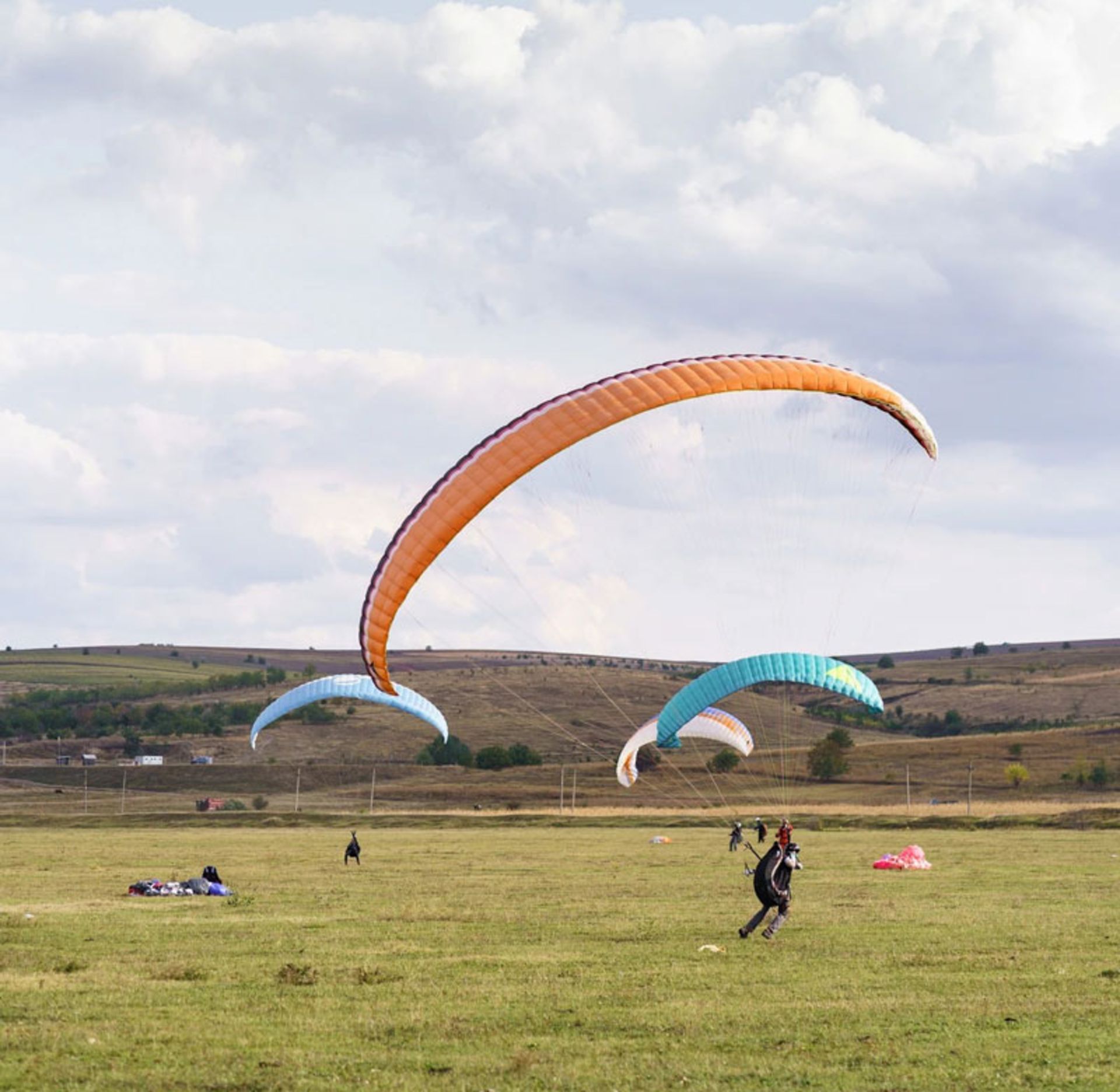Landing paragliders on the grass ground in Kalardasht
