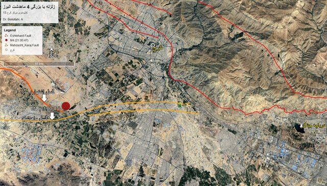 In the form of a large earthquake -centric location, a large earthquake is 4 (8 km focus depth) and Eshtehard and Mahdasht faults in southwest of Karaj are shown.