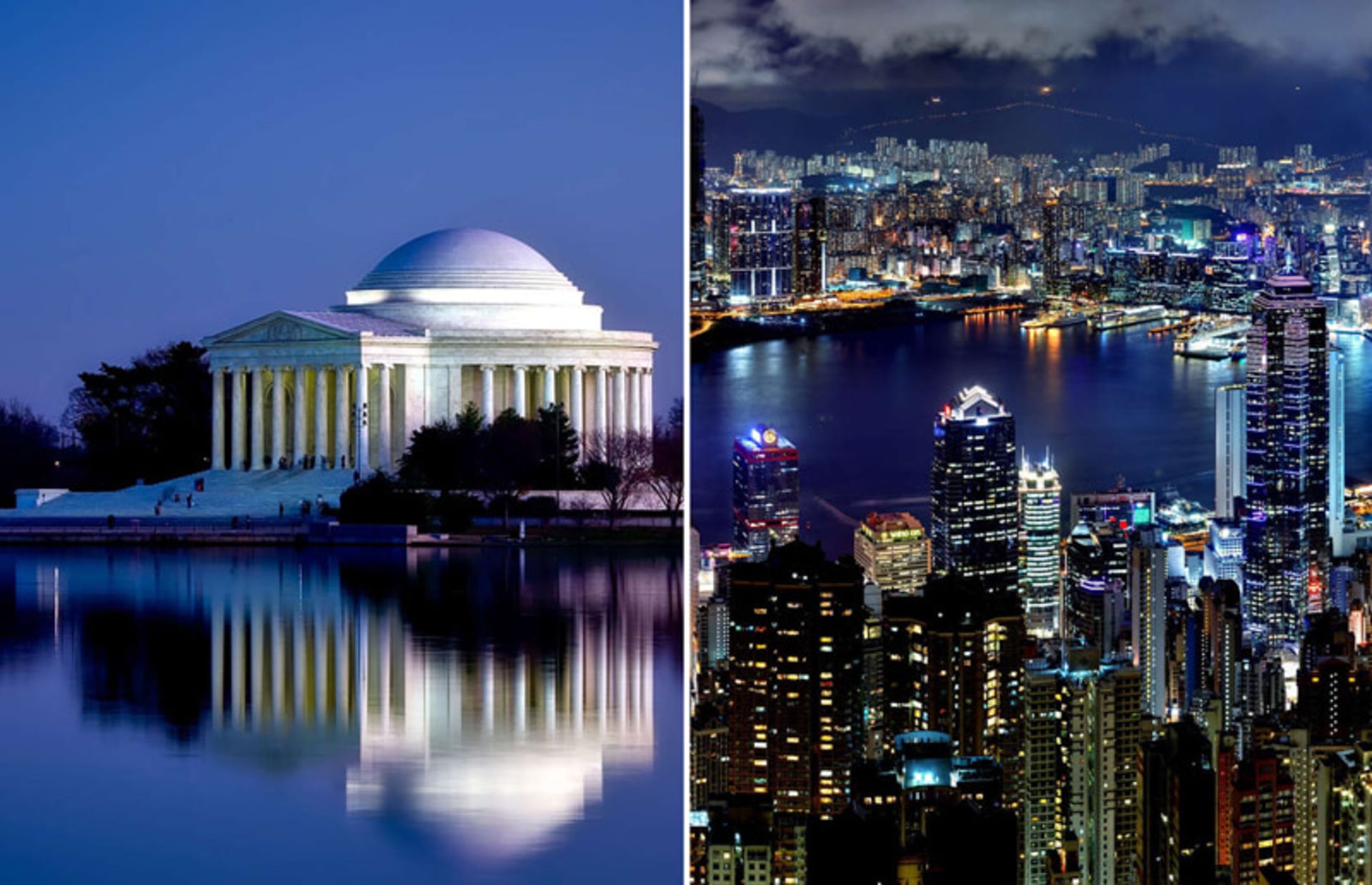 Victoria Port Night Outlook in Hong Kong and Jefferson's Memorial Night Landscape in Washington