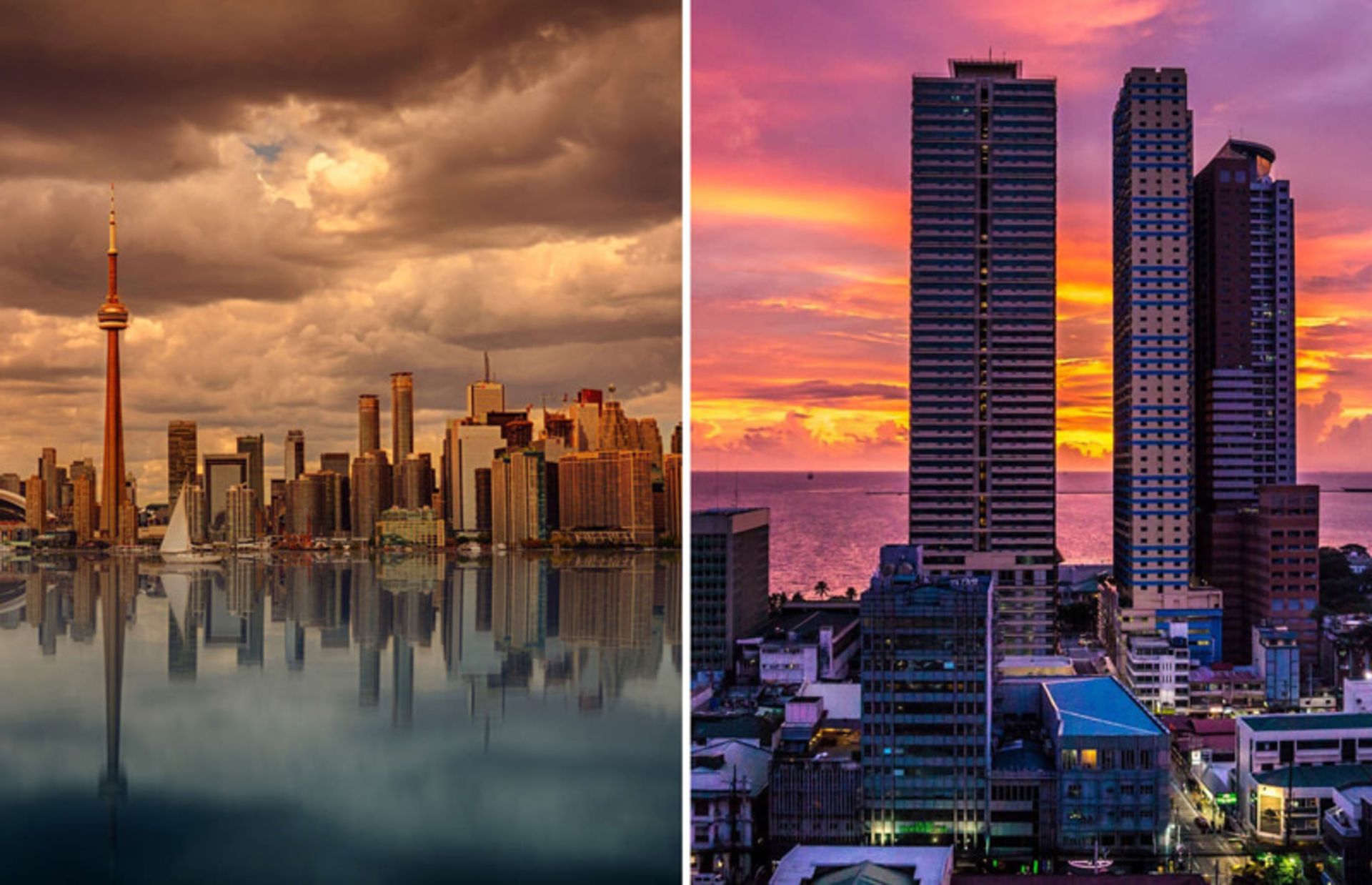Manila buildings in the sunset and horizon of the city of Toronto with the CNN Tower
