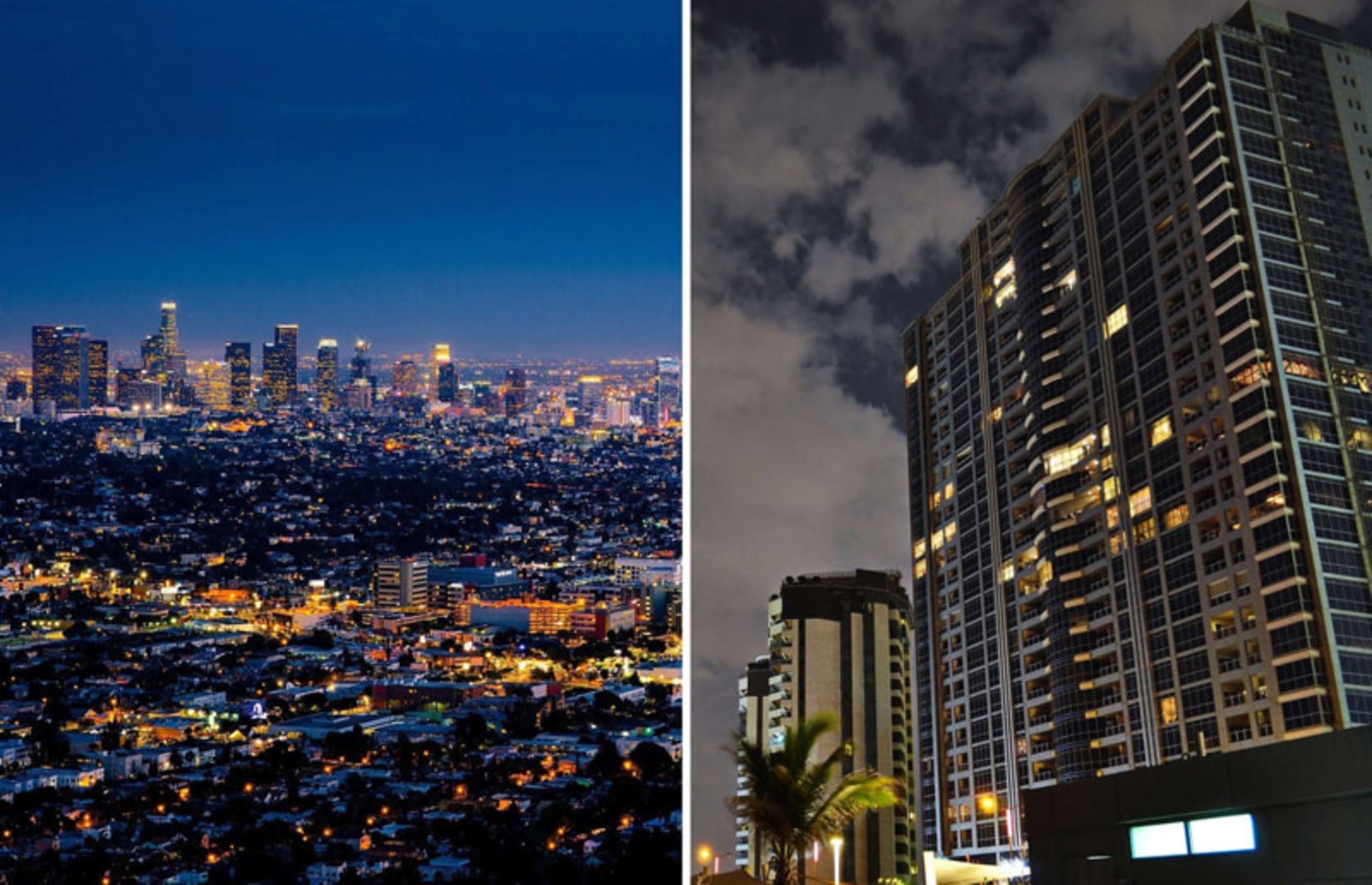 Two night urban views from the buildings of Jeddah and Los Angeles