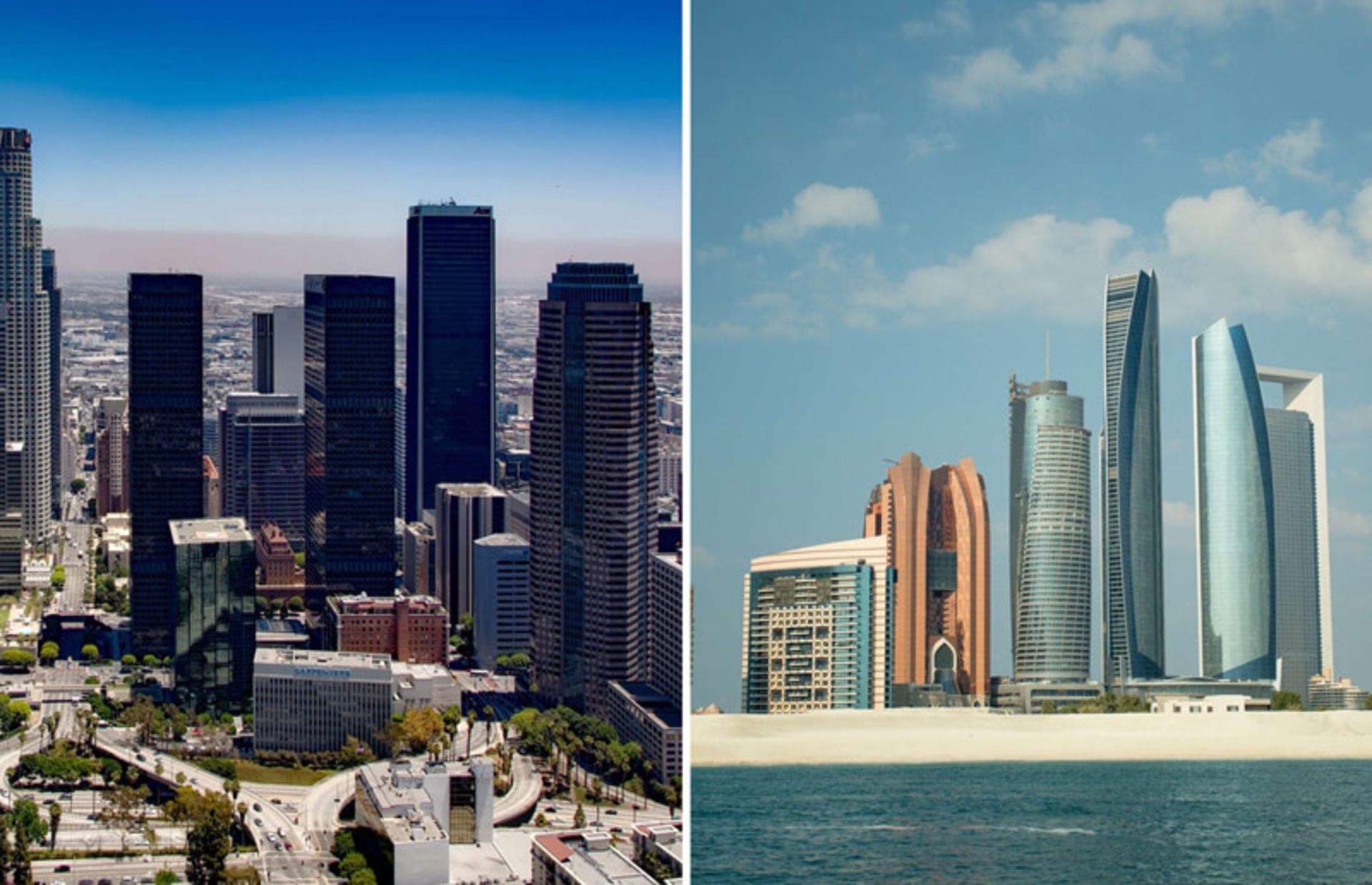 Outlook of Abu Dhabi Union Towers and Los Angeles Urban Landscape