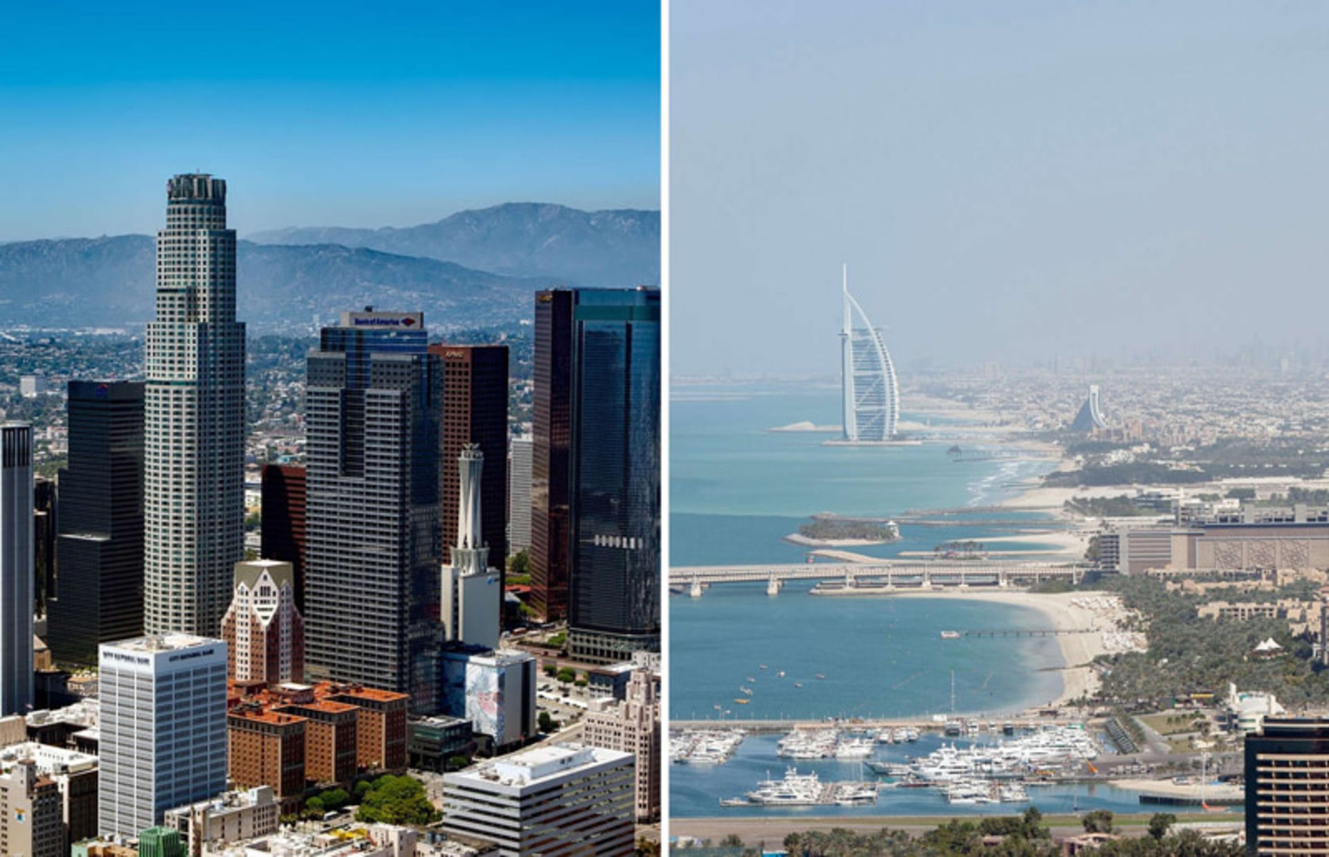   Dubai coastline with the backdrop of Burj Al Arab Hotel and Skyscracks in the city of Los Angeles