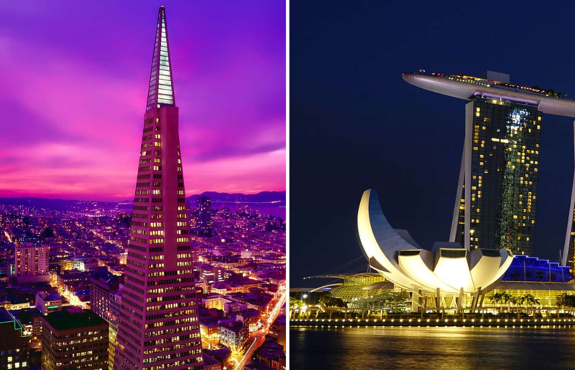 Marina Bi Sands Nights in Singapore and Trans -American Pyramid in San Francisco