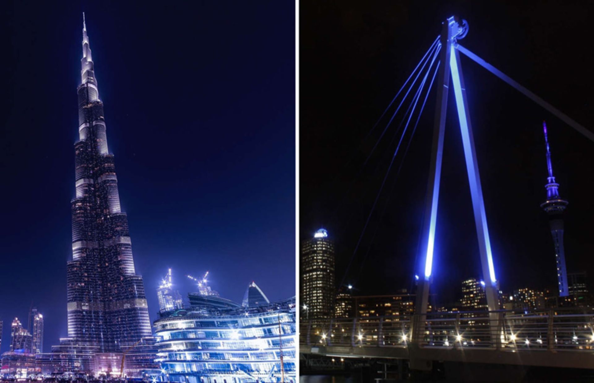   Sky Tower Nights in the city of Auckland and the Khalifa Tower in Dubai