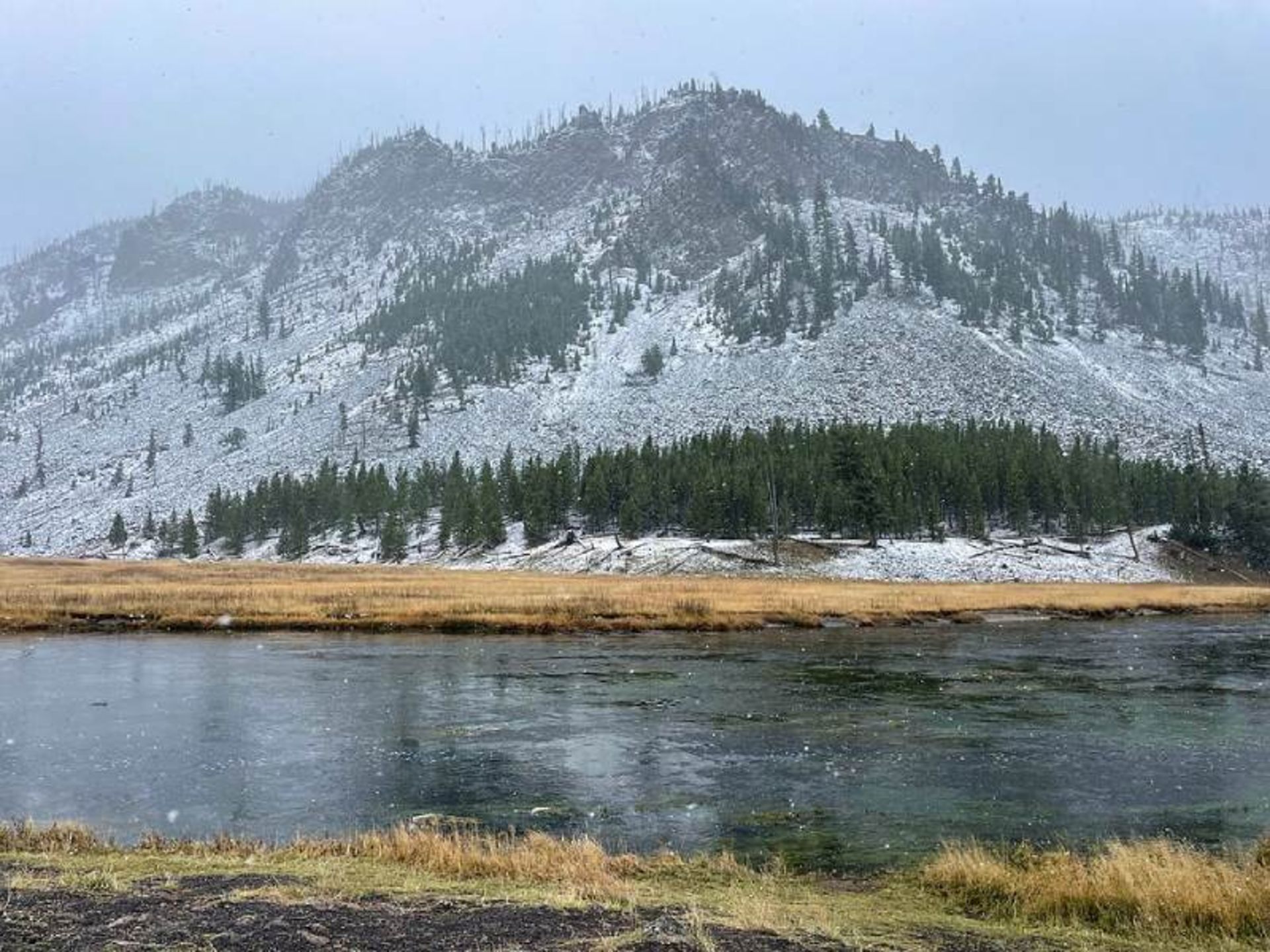 River and mountain of Yolston National Park on Snowy Day