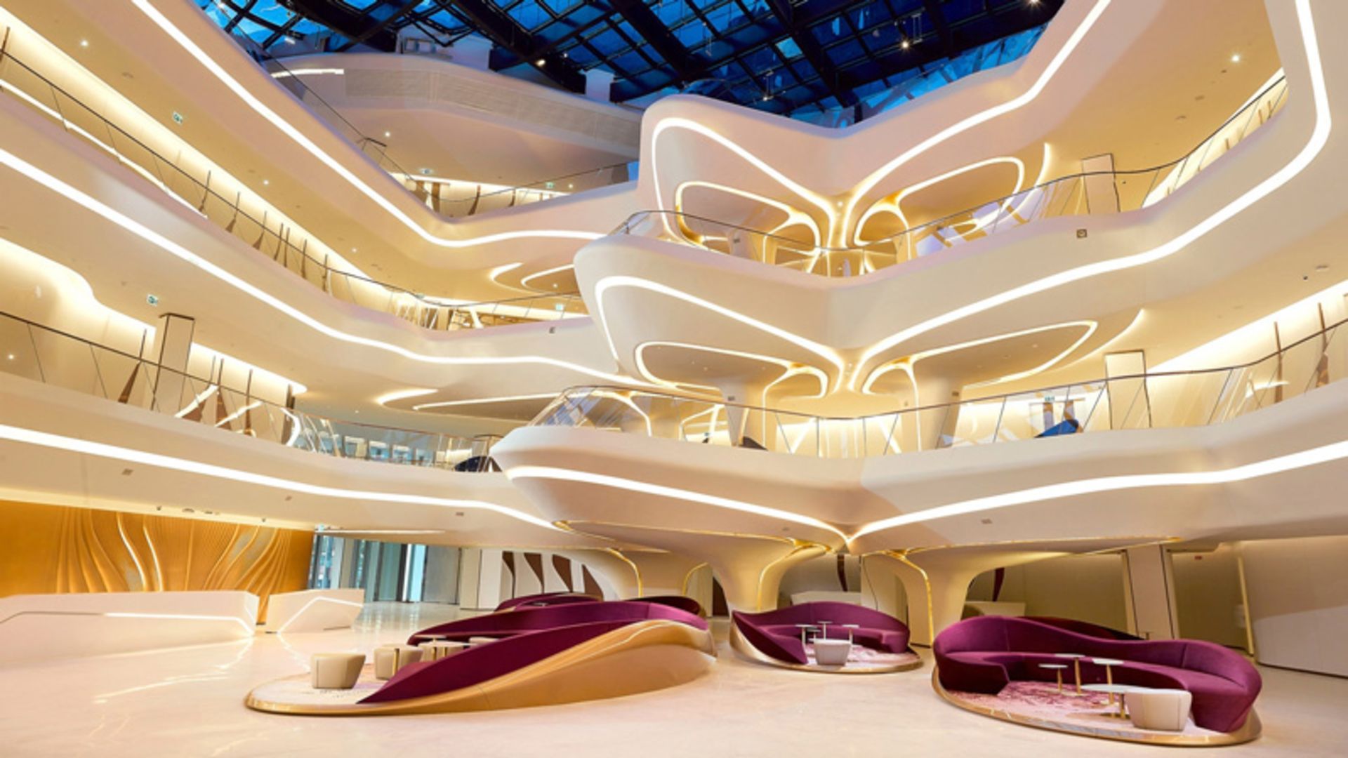 Purple Furniture and Lighting in the Hotel Lobby Dubai