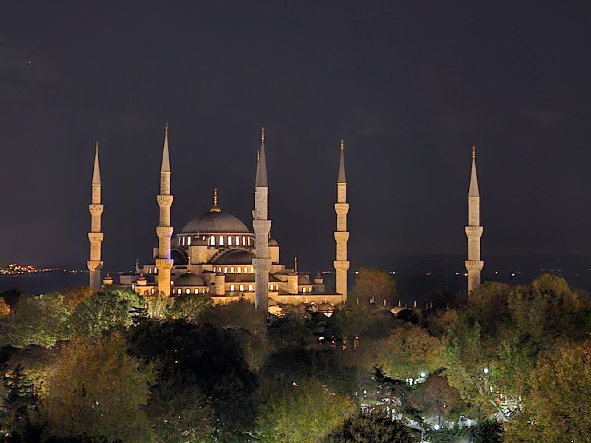 Minarets and domes of Sultan Ahmad Mosque at night