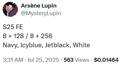 The new colors of the Galaxy S25 Fe and its RAM and internal memory were leaked