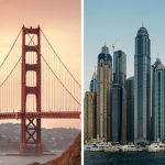 Dubai City Horizon Line with Long Schools and Golden Gate Bridge in San Francisco in the sunset