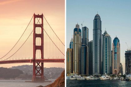 Dubai City Horizon Line with Long Schools and Golden Gate Bridge in San Francisco in the sunset