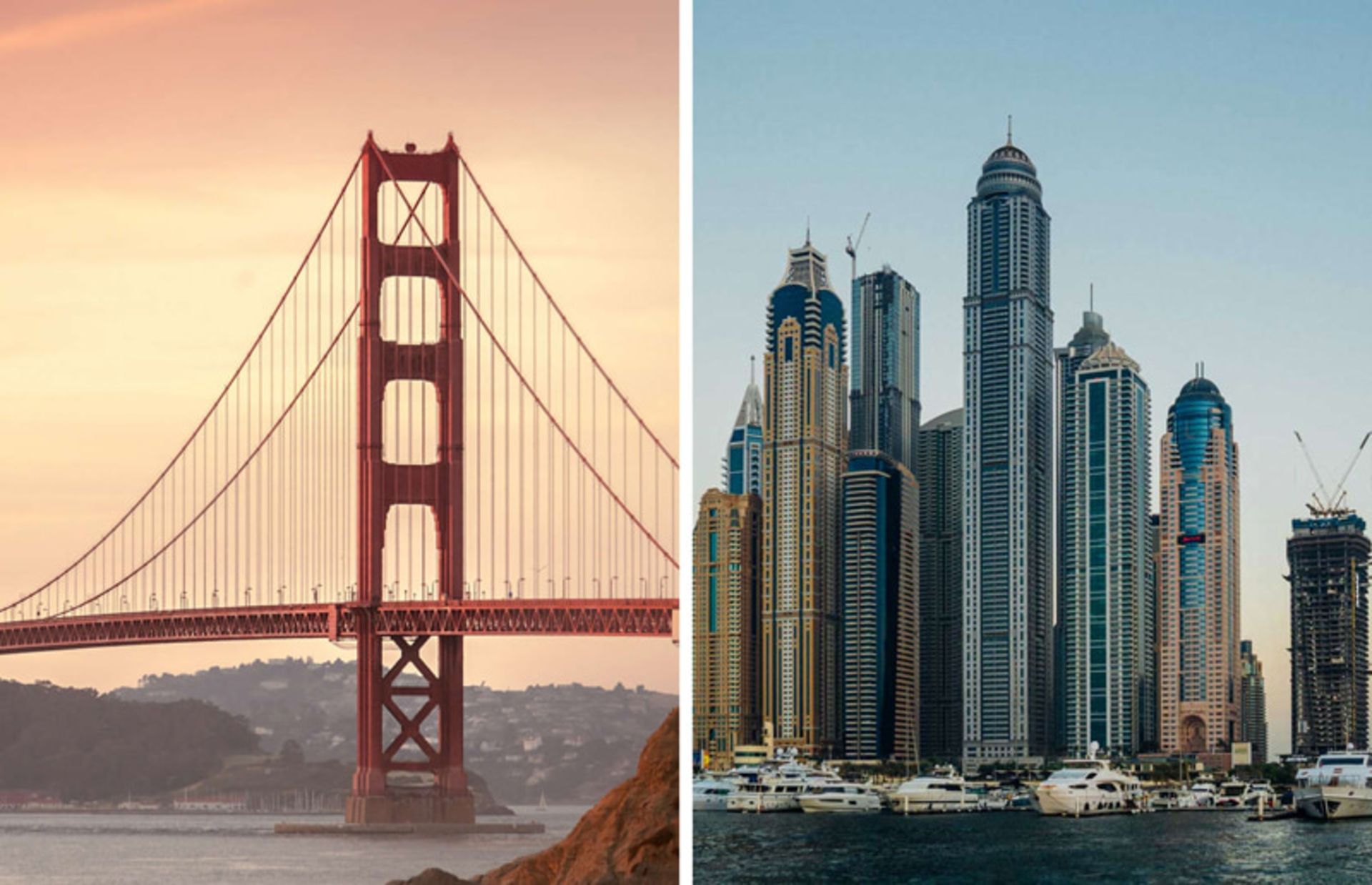 Dubai City Horizon Line with Long Schools and Golden Gate Bridge in San Francisco in the sunset