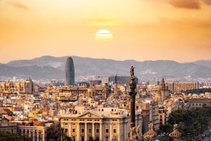 The prospect of Barcelona's city architecture at sunset
