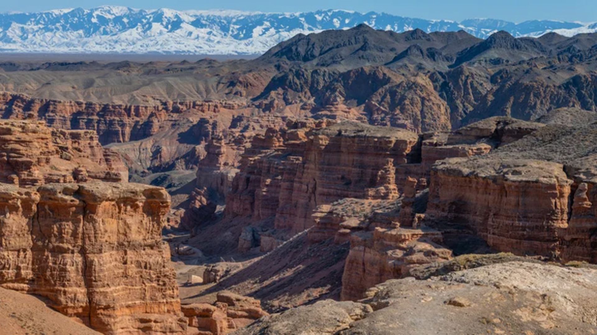 Red Red Red Charliner with the backdrop of snowy mountains
