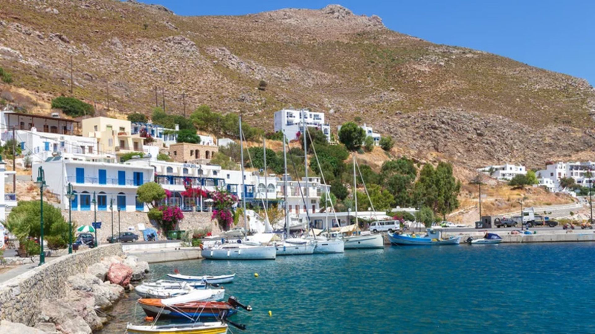 Recreational boats in the port of Tilos Island