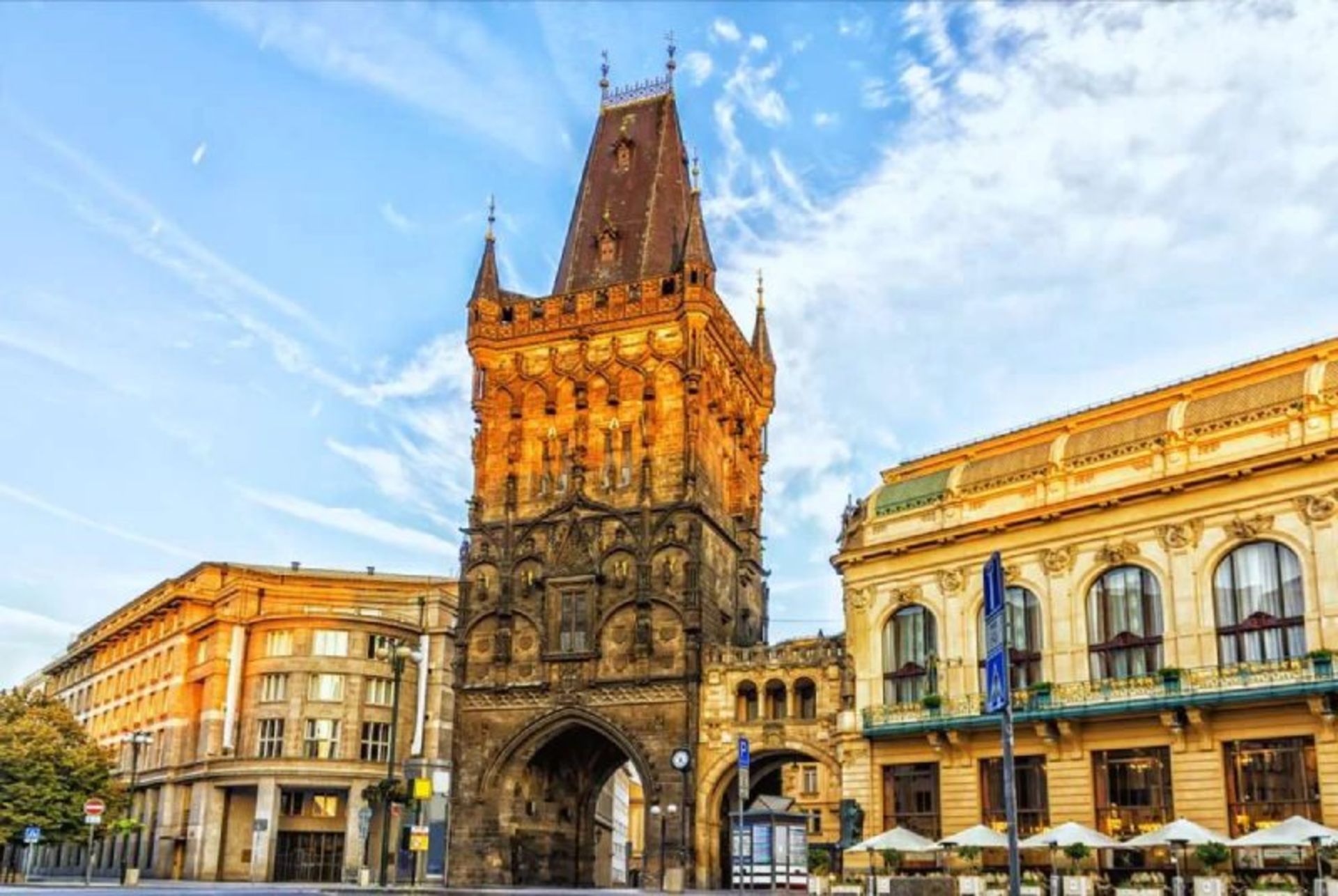 Prague powder tower among large mansions
