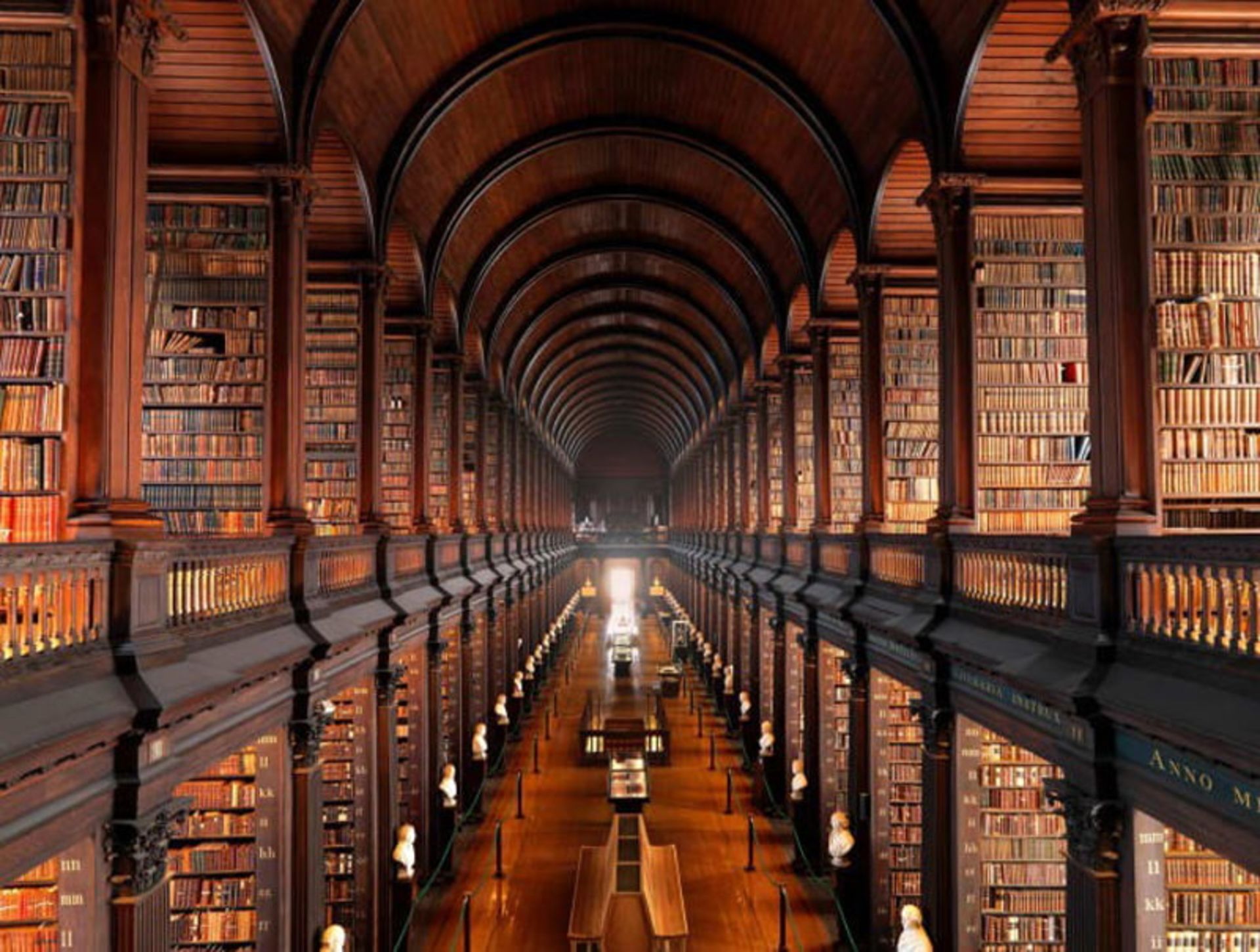 The long and magnificent corridor of the Dublin Trinity College Library with long wooden shelves full of books