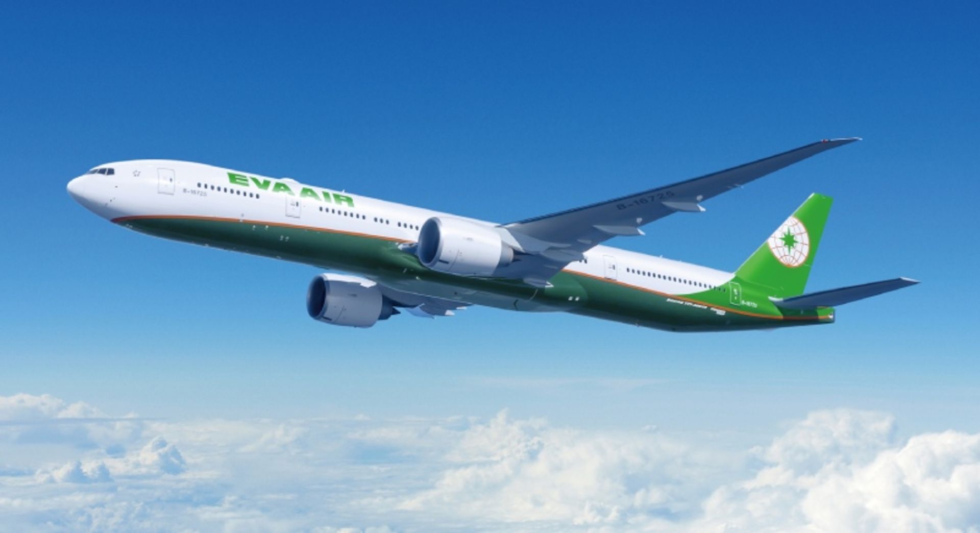 Green and white plane of Eva Air in the sky over the clouds