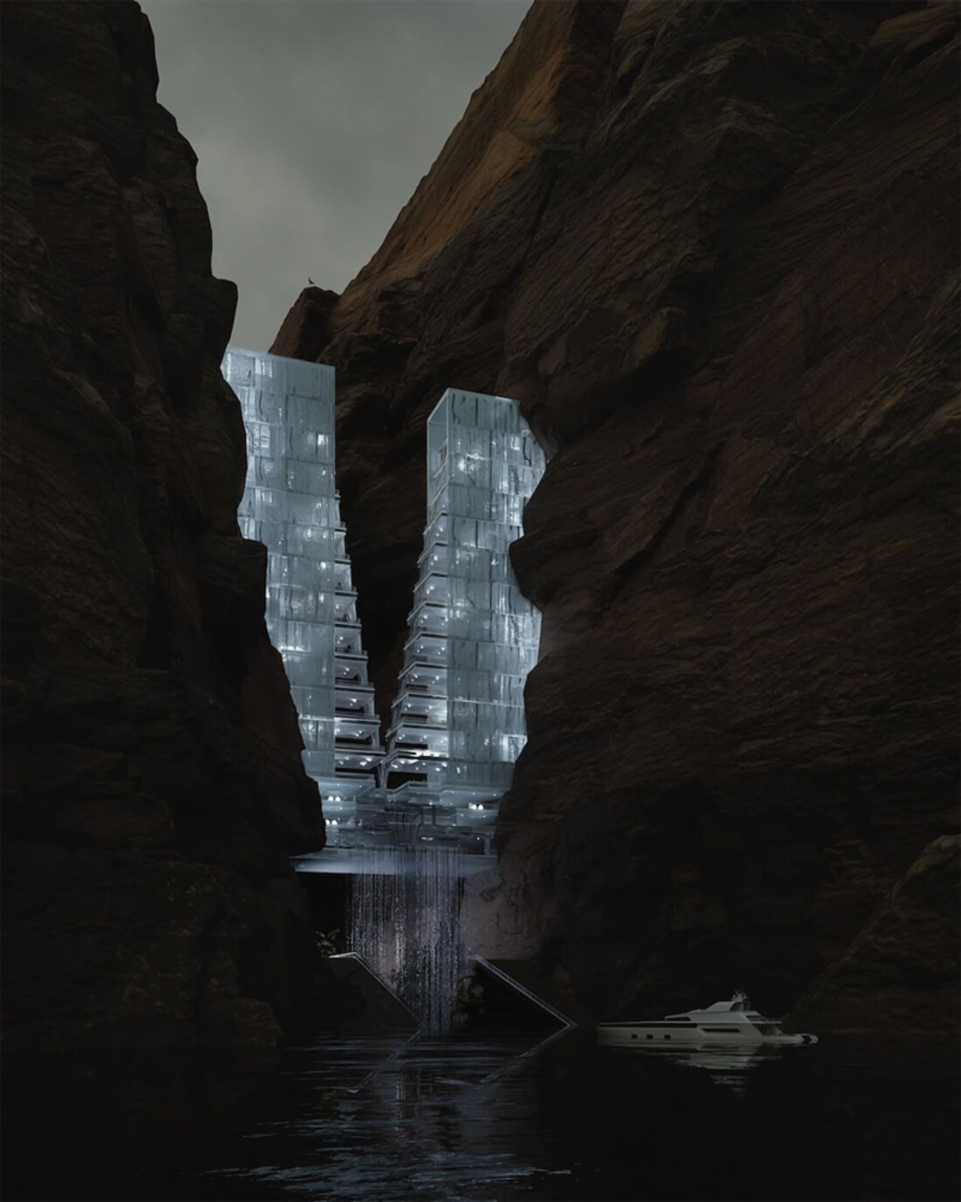   A view of the neo -ice cubic hotel at night