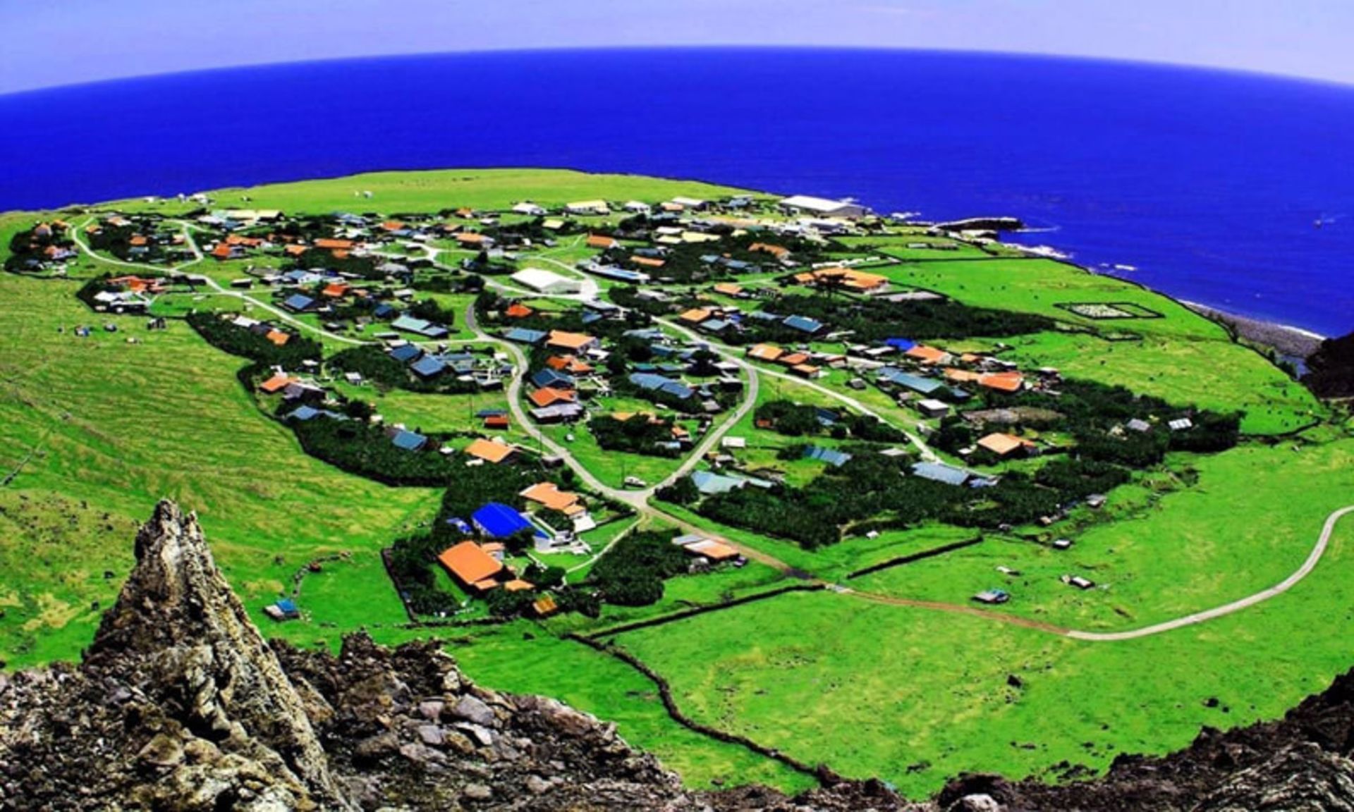 Aerial view of a lush village on the remote island of triistan da Kuna 