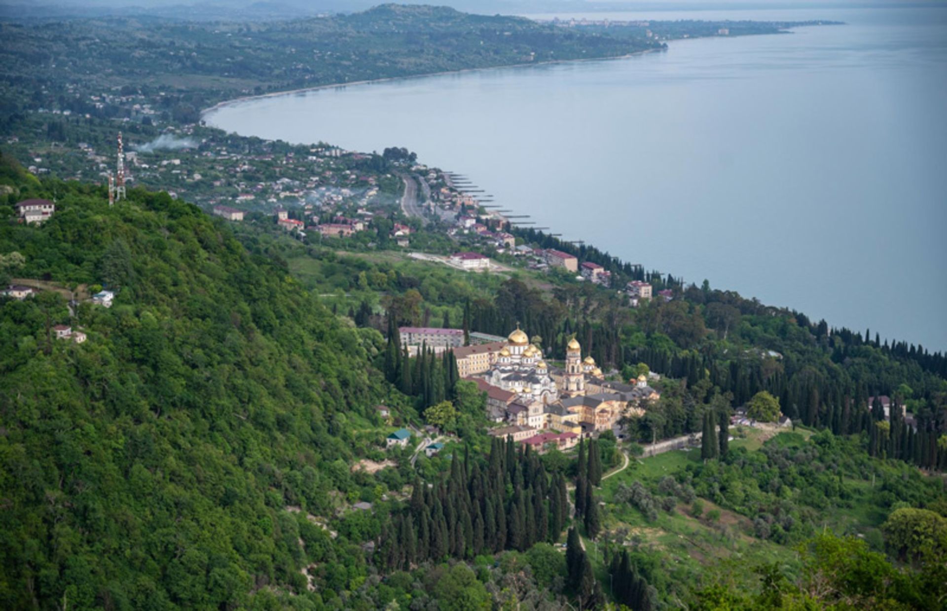 Church with golden domes in the Republic of Abkhazia