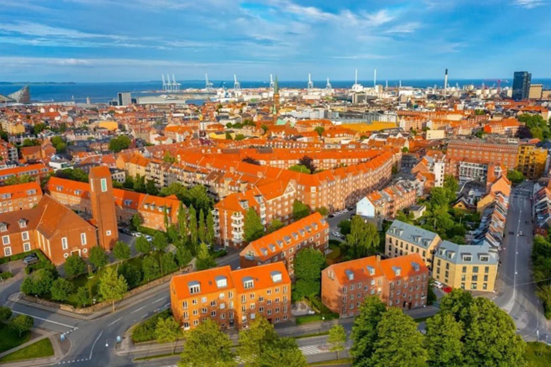 Aerial facade from the city of Araos Denmark with orange buildings