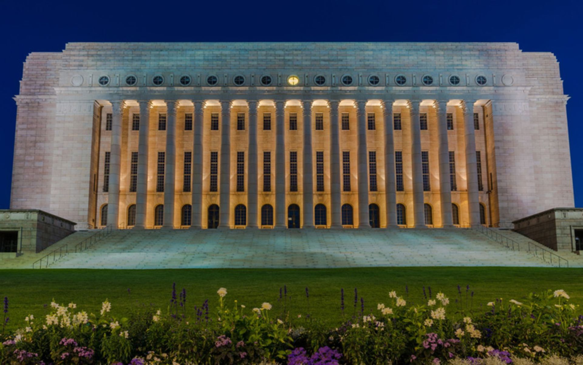 Lighting of the Finnish Parliament Palace at night