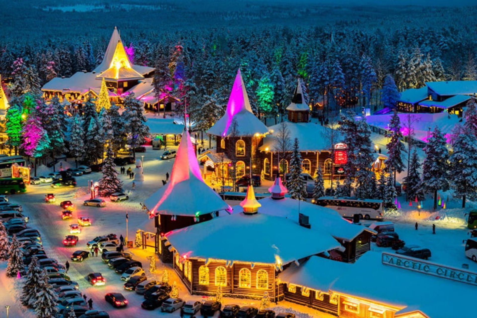 Ravanimi, Finland at Snowy Night with colorful lighting