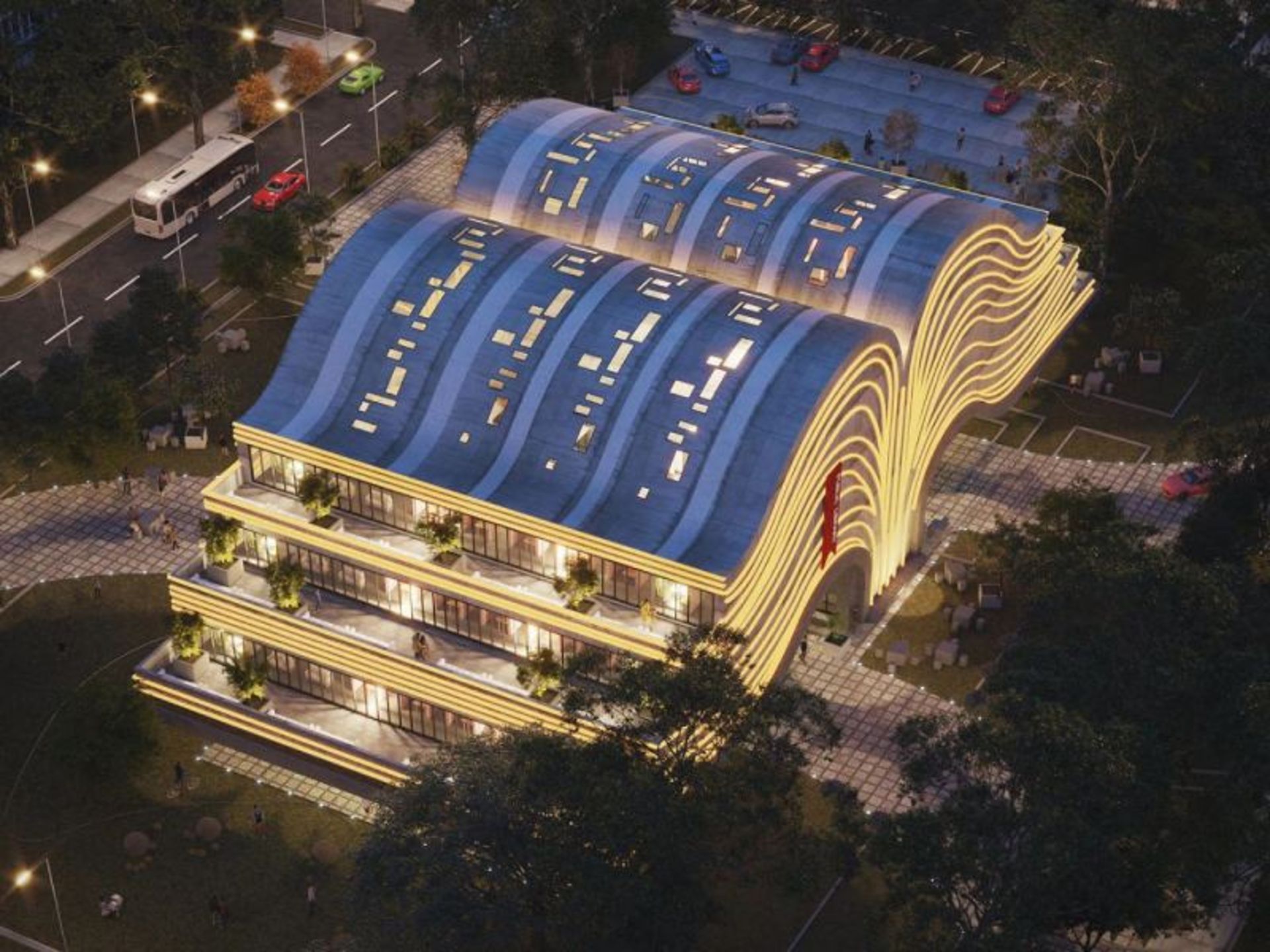 Exterior Lighting of the Book Library Building Open