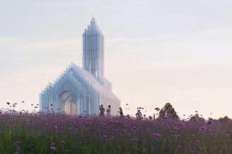 Tourists next to the shadowed church