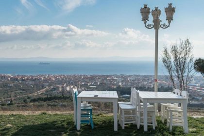 Restaurant's table and chair with the scenery of the city of Takradagh and the Bosphorus Strait
