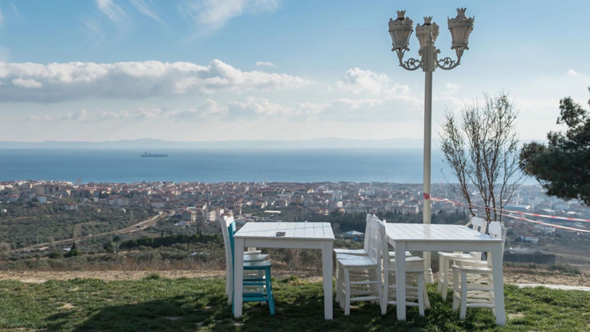 Restaurant's table and chair with the scenery of the city of Takradagh and the Bosphorus Strait