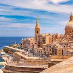 Walta coastal city, Malta with historic buildings and church dome