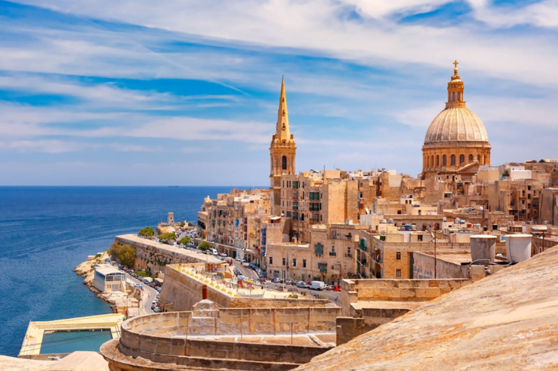 Walta coastal city, Malta with historic buildings and church dome