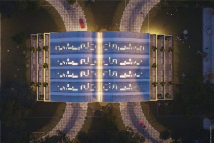 Aerial image of the open book library