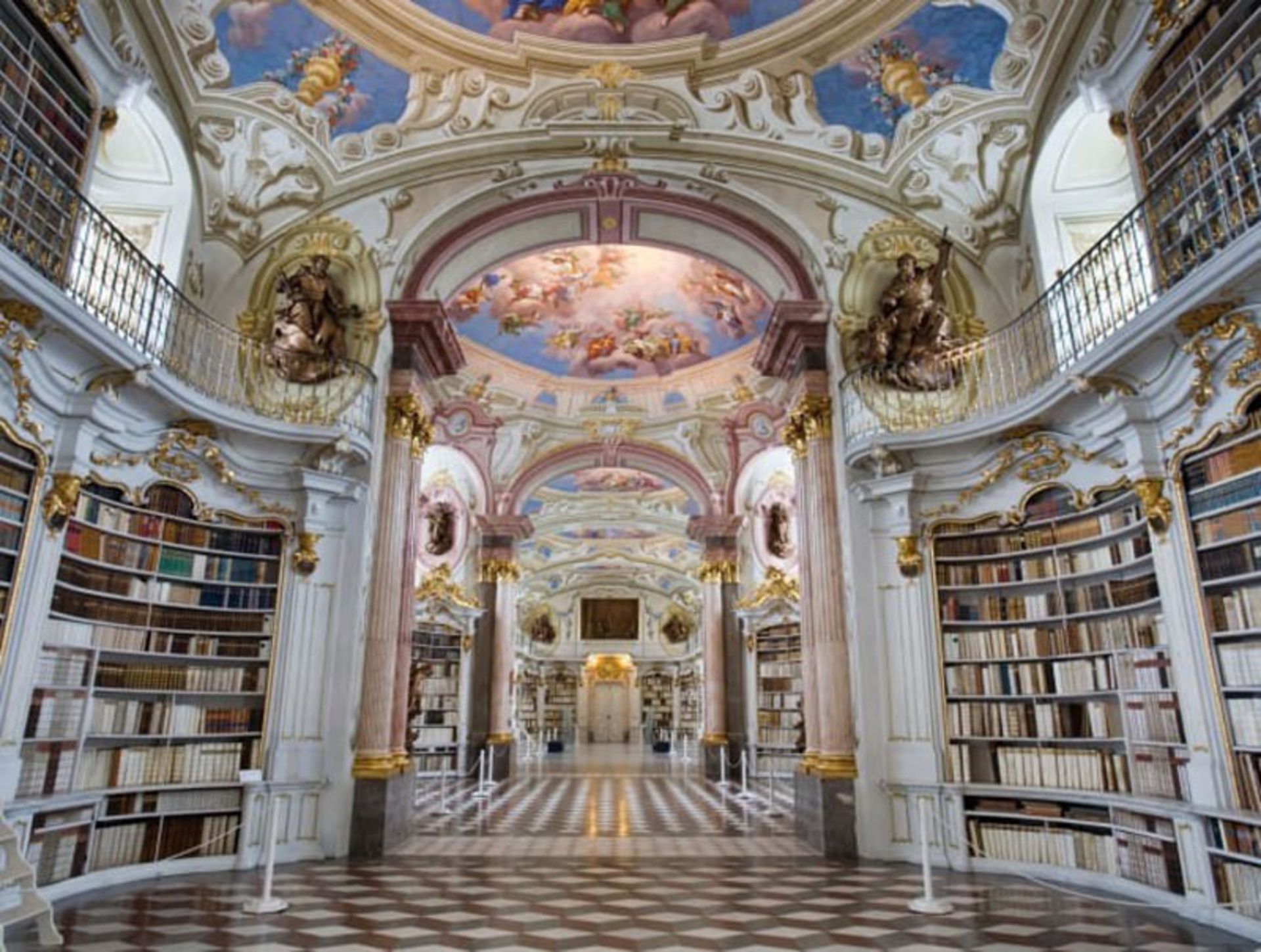 The interior of the magnificent Library of Adammine Monastery with a painted roof and Baroque architecture