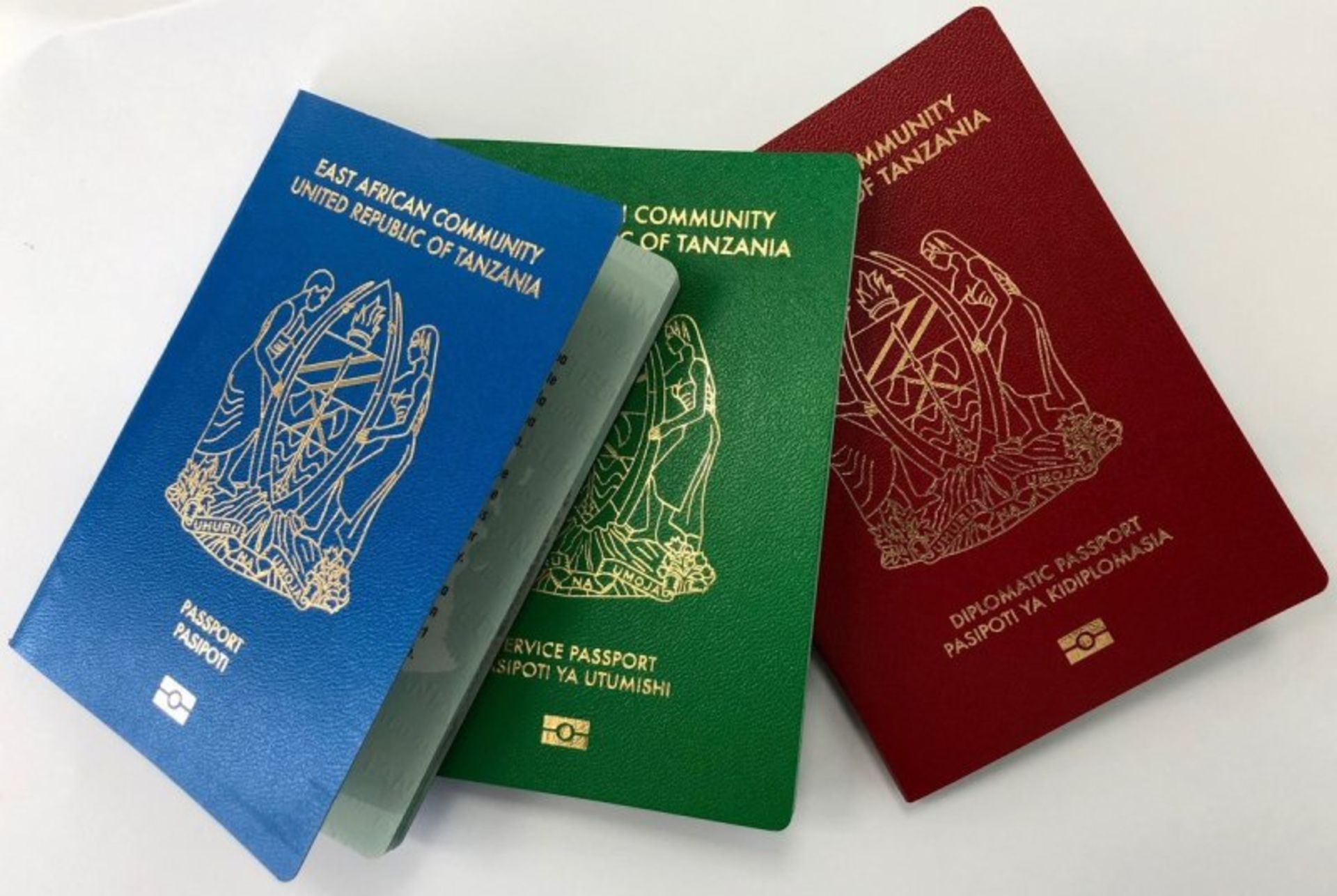 Three electronic passports with blue, green and crimson
