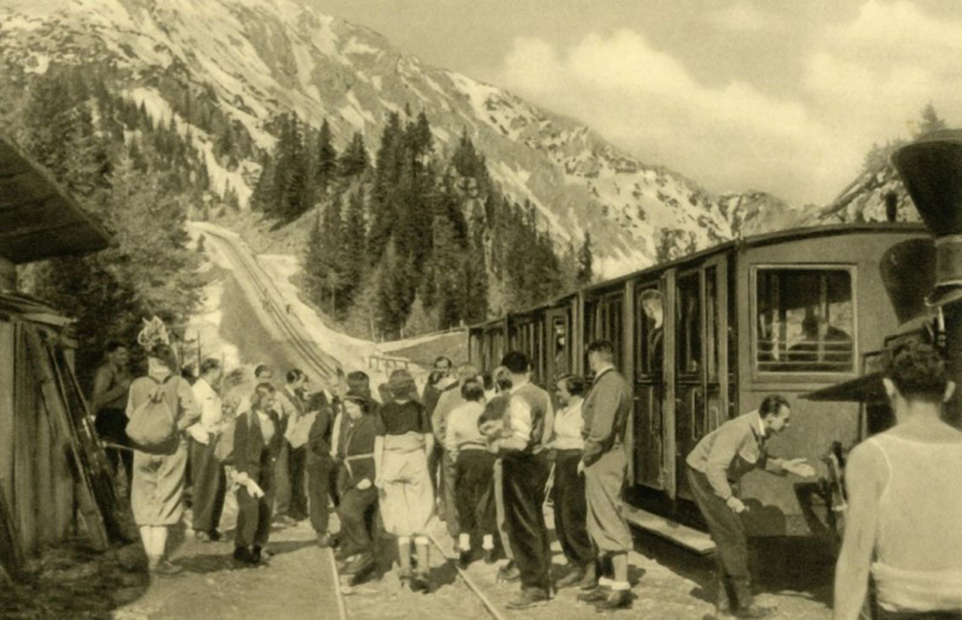 The old train on the slopes of the mountain