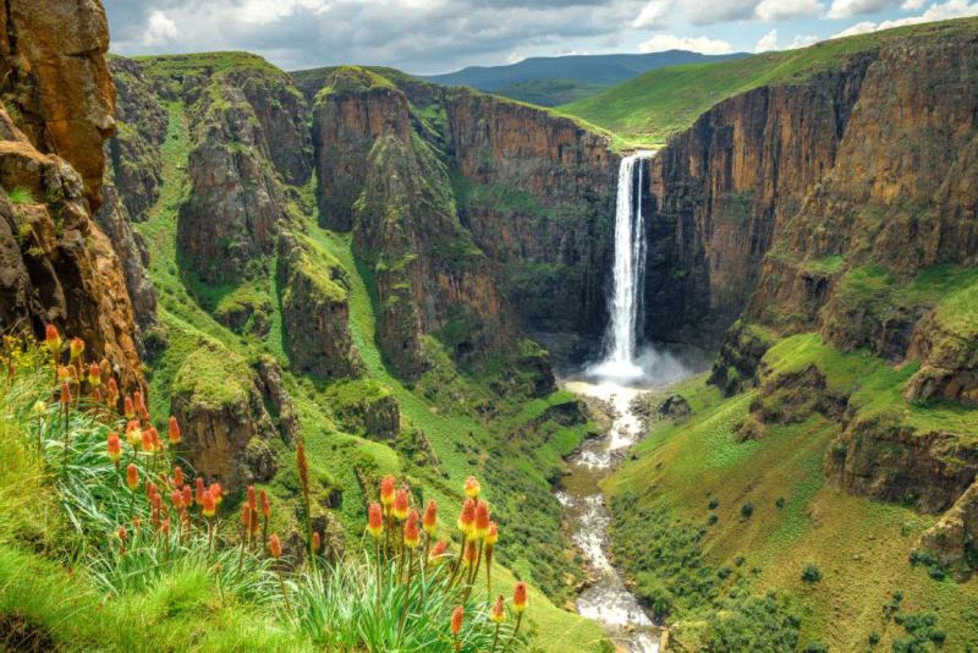 Waterfall in the lush mountain of Lesoto