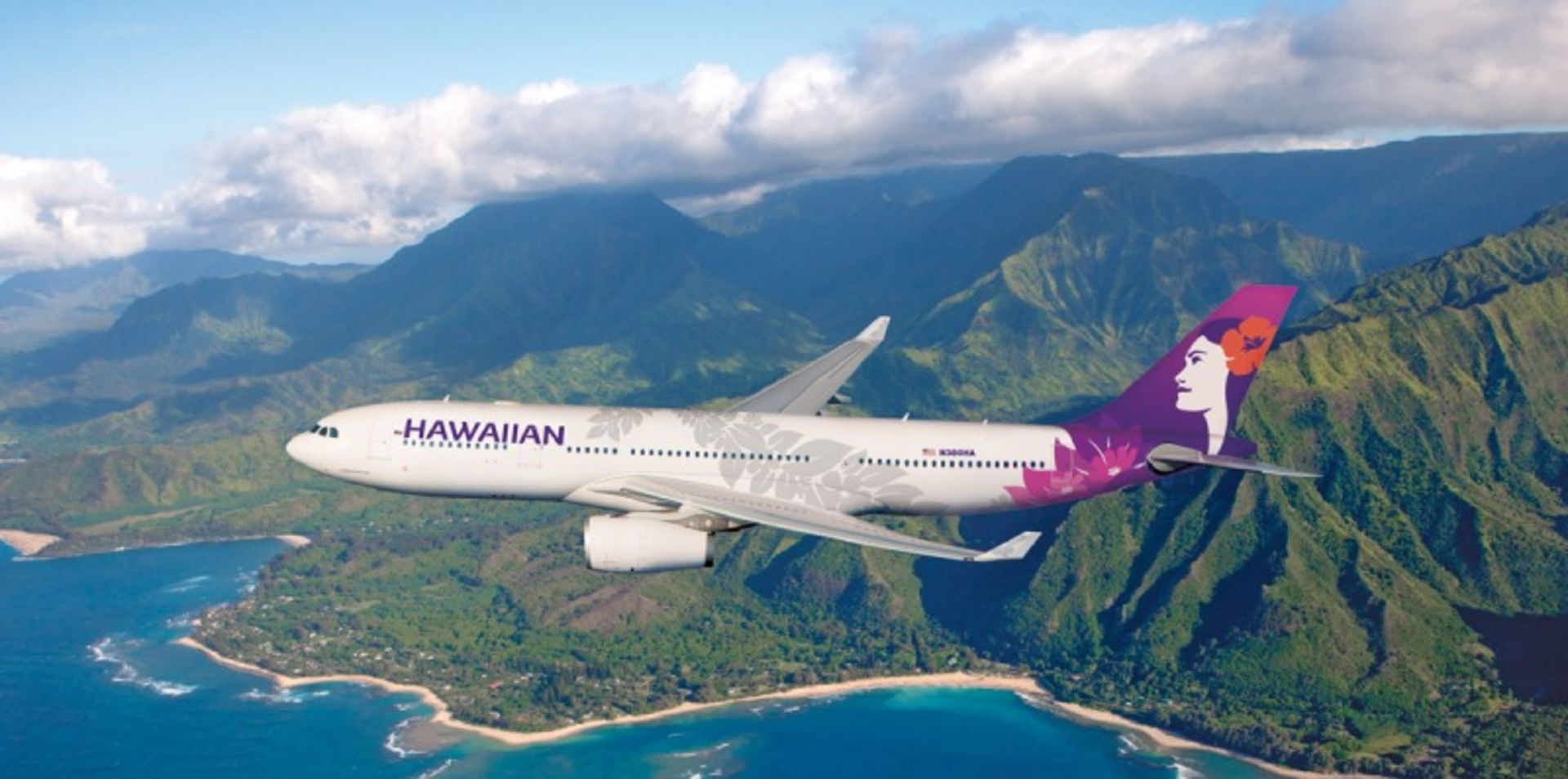 Hawaiian Airlines Aircraft over mountains and water