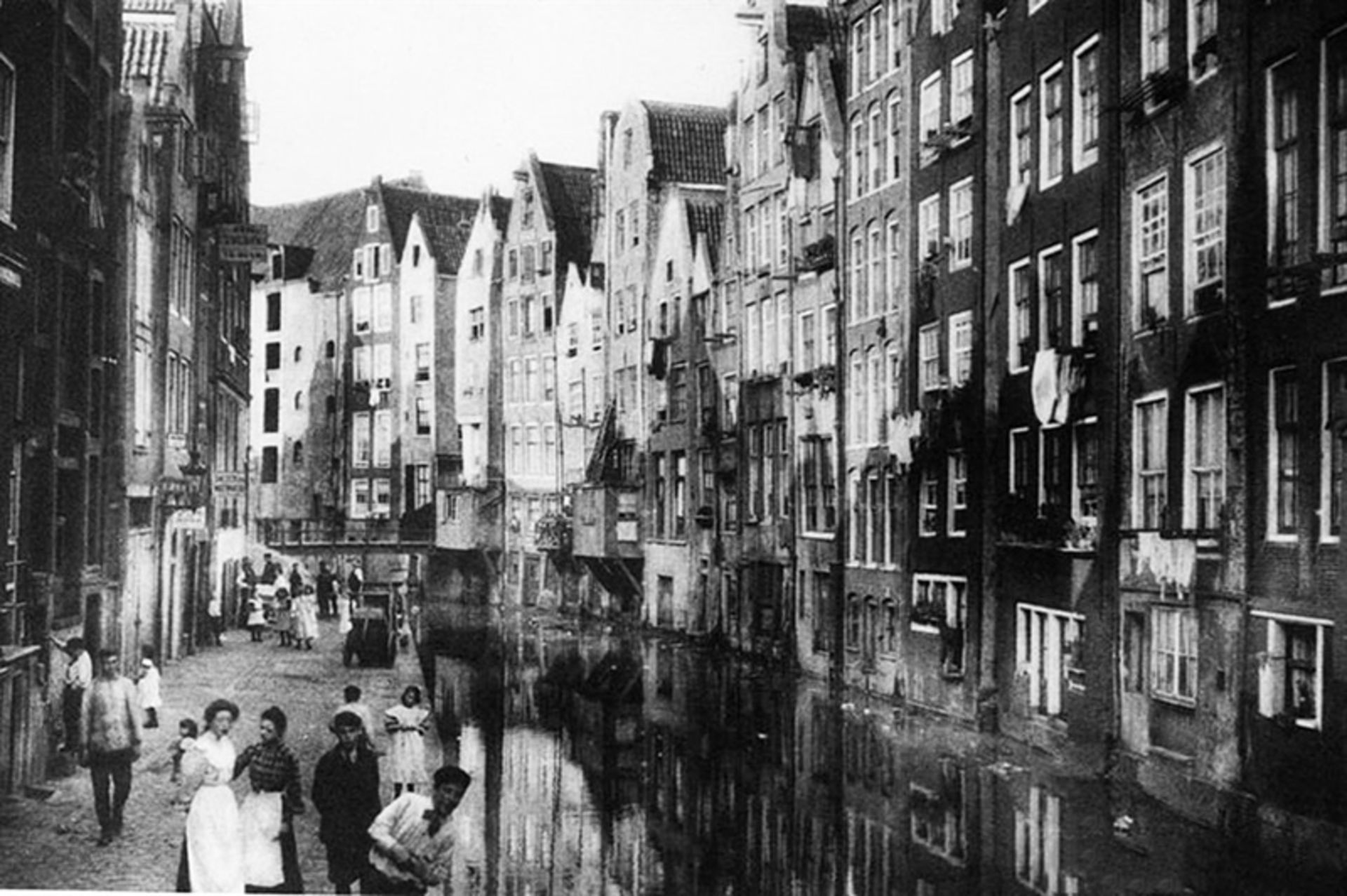 Old photo of buildings and people in Amsterdam, the Netherlands