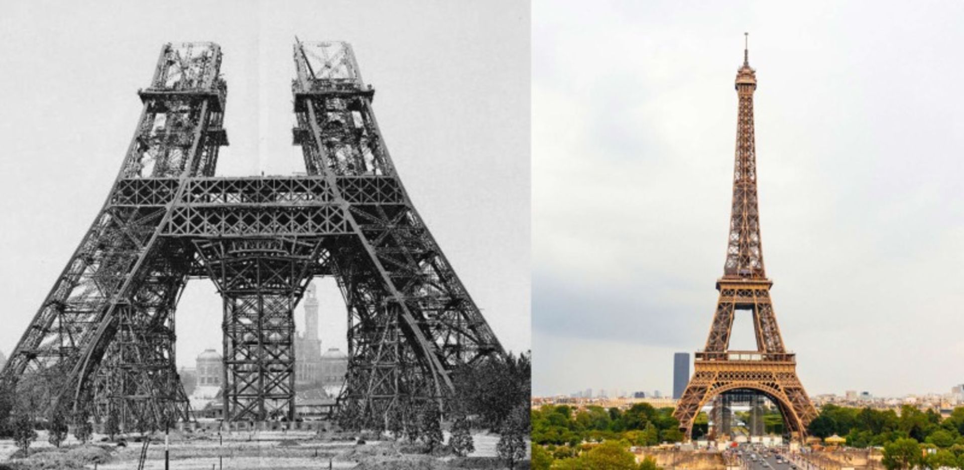 Eiffel Tower in the construction process and after completion