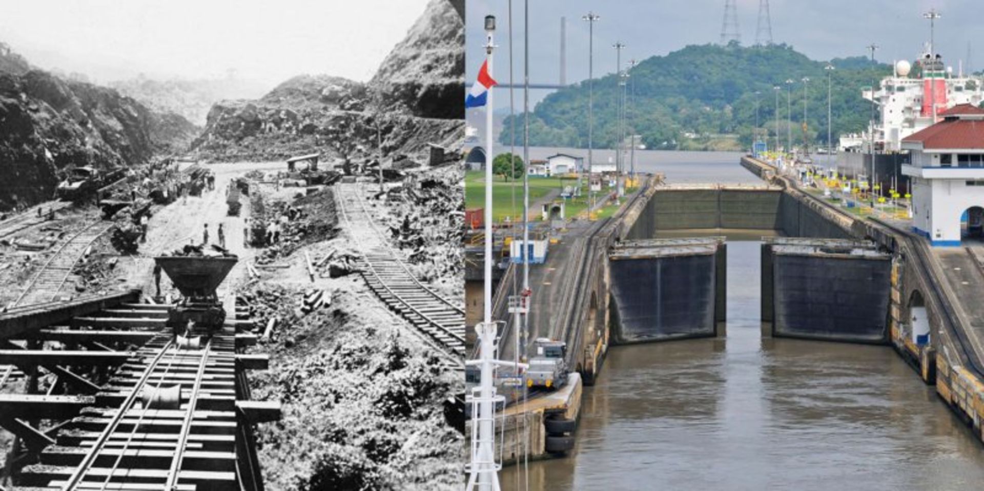 Panama channel in construction process and after completion