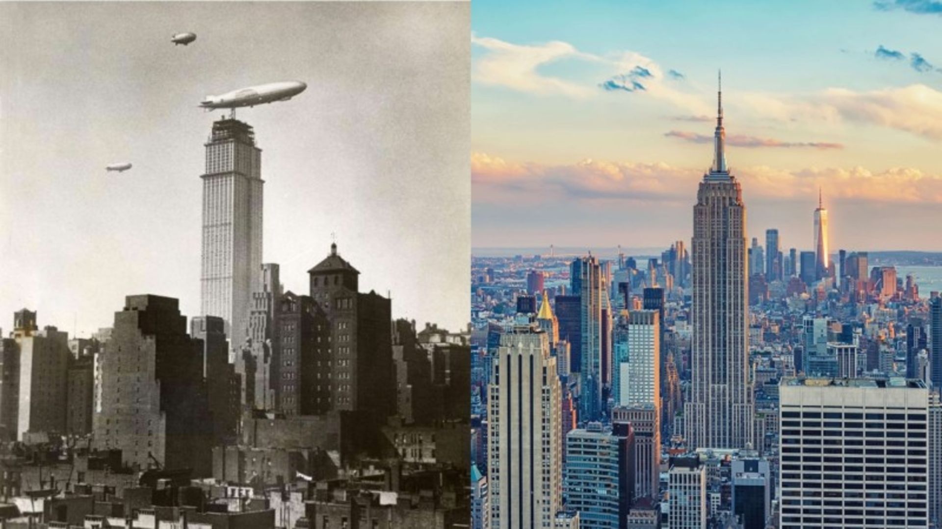 Empire State building in construction steps and after completion