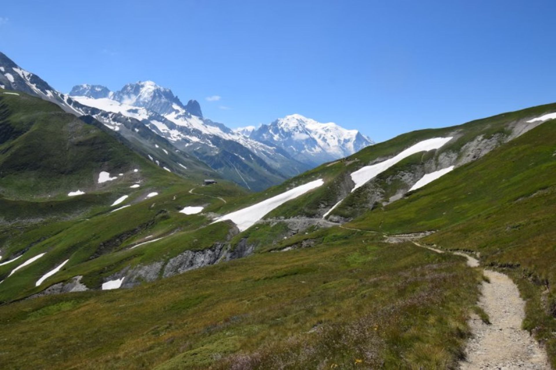 Lush nature and snowy mountains on the hiking track 