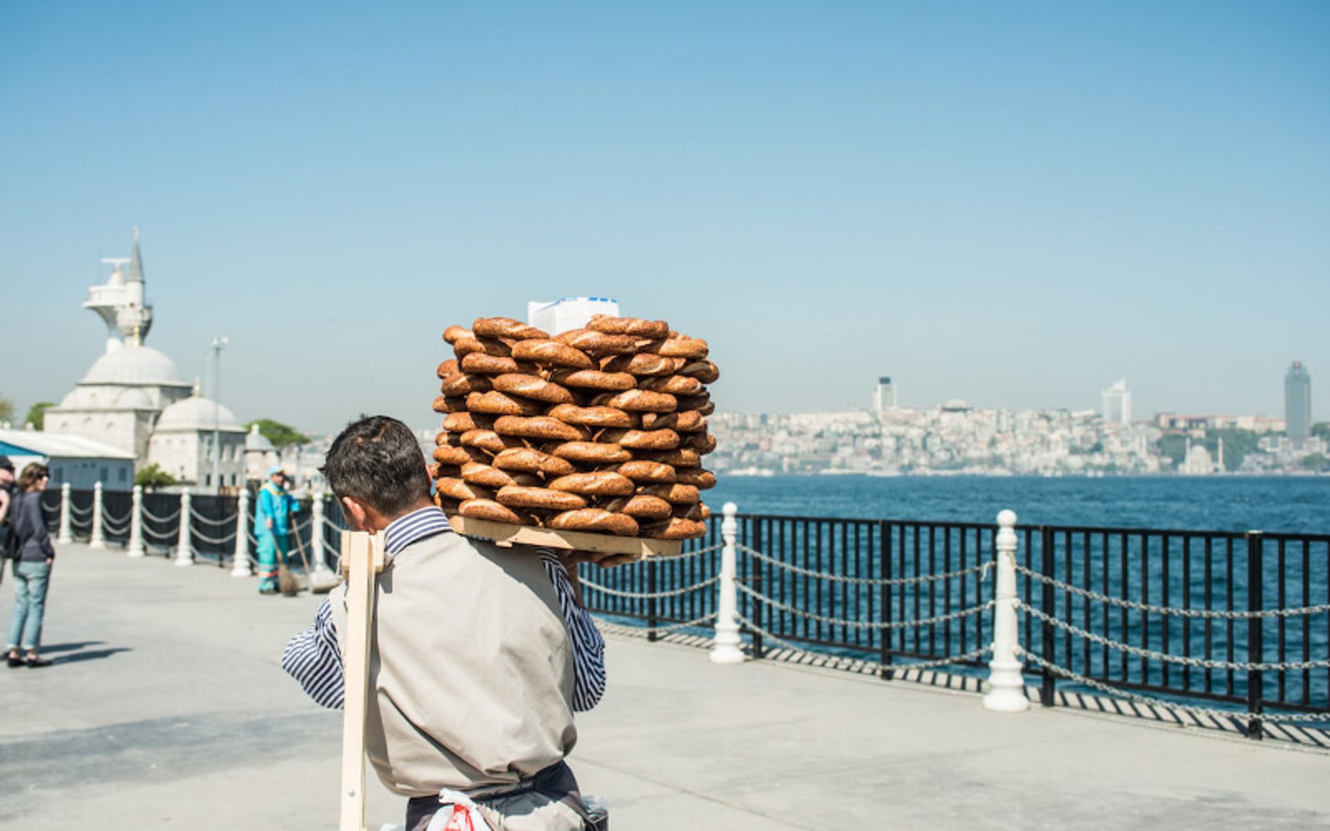 Carrying of Simit bread next to the Bosphorus Strait