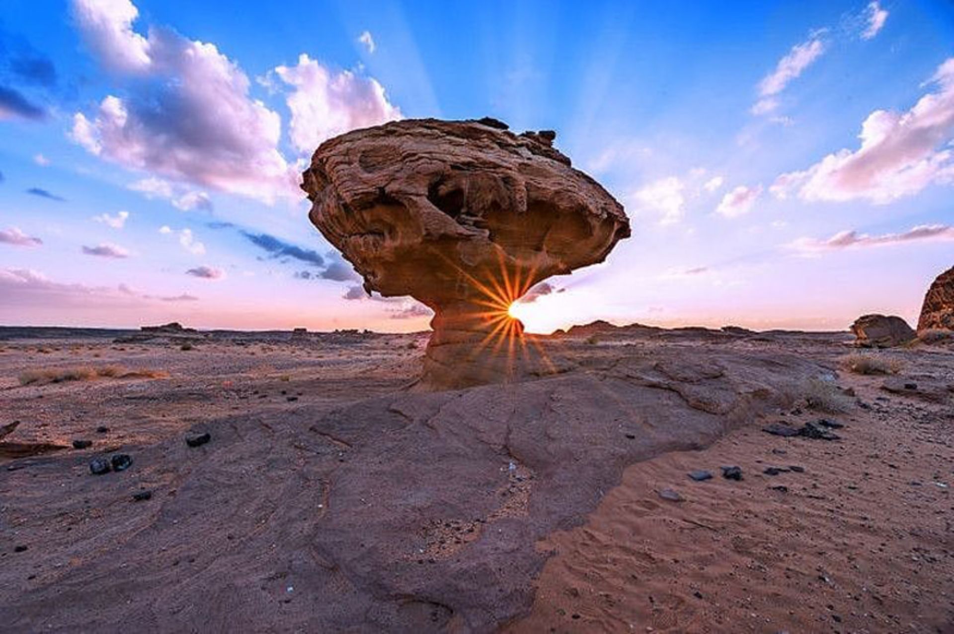 A rock -shaped rock in the midst of al -'Alal in Saudi Arabia