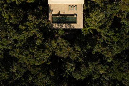 Aerial image of the canopy housing building and the surrounding trees