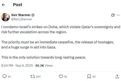 The British Prime Minister's reaction to the Zionist attack on Doha